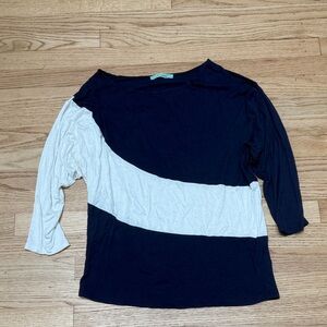 Navy and White Color Block Blouse